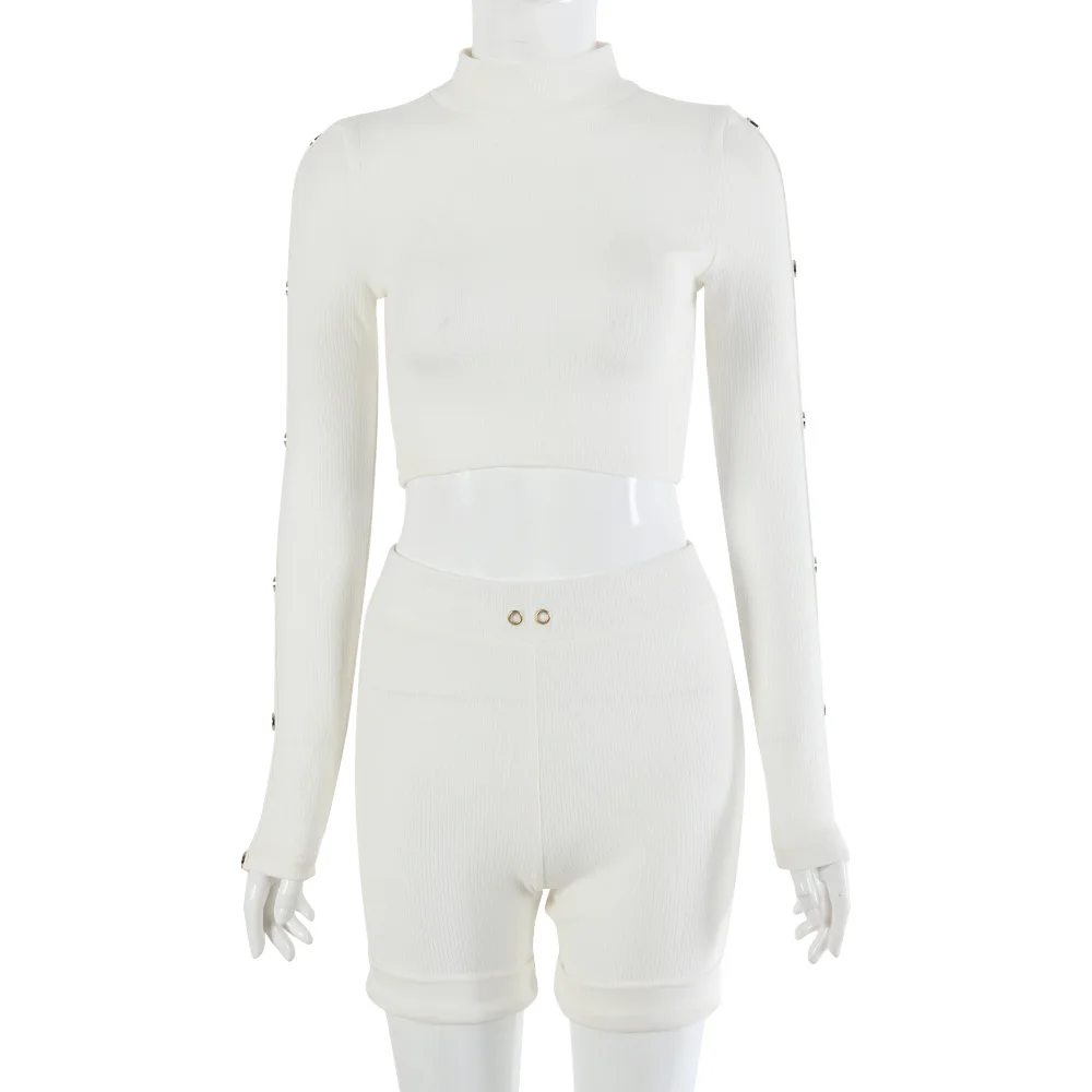 

Fannic 2020 Autumn Sexy Casual Long-Sleeved Navel Top and Lace -up Shorts Two - Piece Women 's Suit