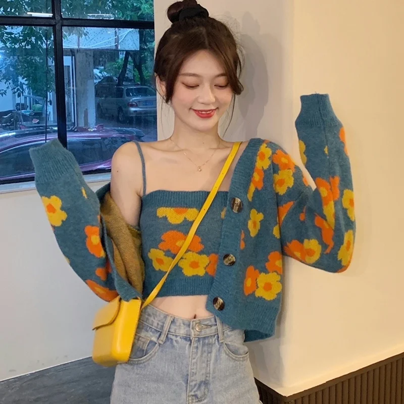 Кардиган Harajpoo Женский трикотажный с цветочным принтом укороченный топ для осени