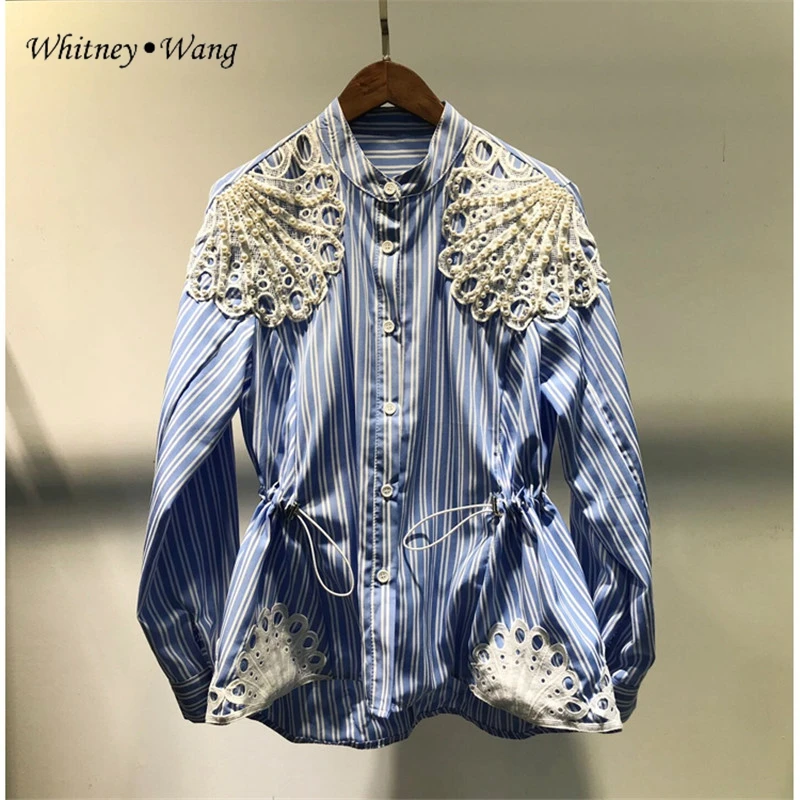 WHITNEY WANG Blouses 2020 Spring Fashion Streetwear Lace Embroidery Pearls Beading Striped Blouse Women Blusas Lady Shirt Top | Женская