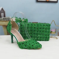 green lace flower pointed toe high heel womens sandals ladies party dress shoes and bag bride wedding shoe ankle strap pumps