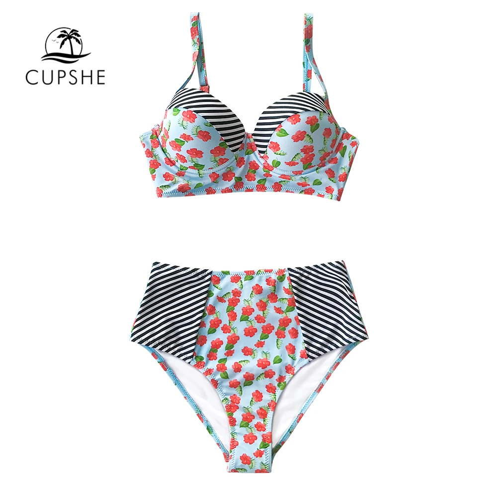CUPSHE цветочные полосы с высокой талией бикини наборы формованными чашками