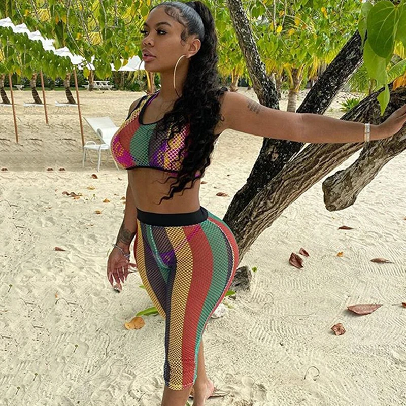 

BKLD Mesh See-through Printed Sexy Summer Outfits 2 Piece Set Women Sleeveless Crop Tops And Pants Two Piece Beach Matching Sets