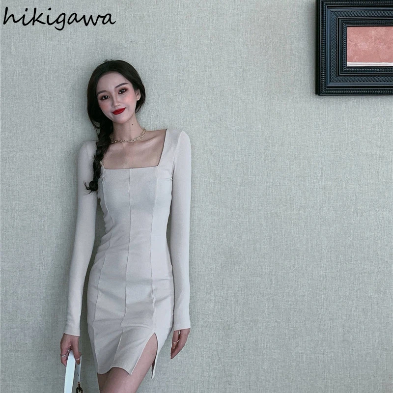 

Hikigawa Dresses Women Sexy Solid Long Sleeve Slim A Line Vestido De Mujer Japan Irregular Fashion Mini Dress Ladies Vestidos