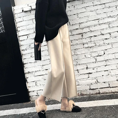 Beige GareMay Элегантные зимние теплые брюки женские корейские повседневные укороченные широкие черные штаны осень зима женские шерстяные брюки с высокой талией - Color: Beige