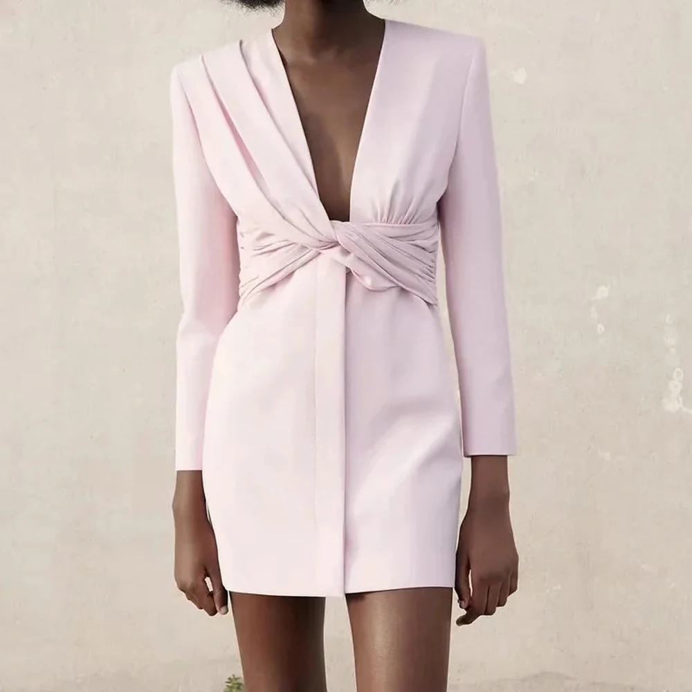 ZA 2021 весенние женские узел со сборками глубокий v образный вырез на шее платье с