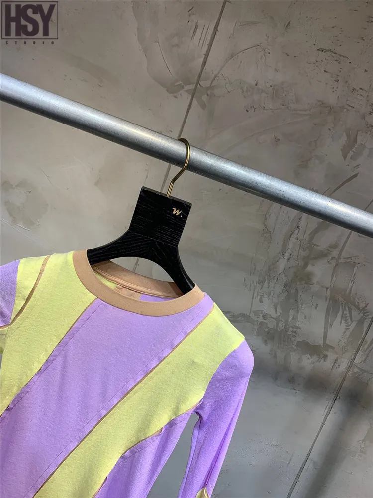 【HSY】2019 Autumn Winter New Women Elegance Top Irregularly Tailored Color Matching Long Sleeve O-neck T-shirt |