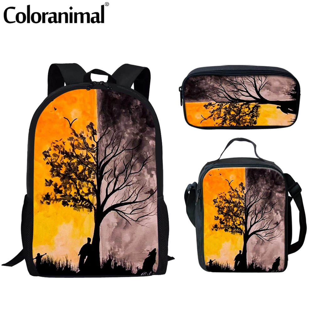 

Coloranimal Brand Design Day-Night Tree Pattern School Bag for Teenage 3Pcs/Set Backpack With Lunch/Pencil Bag Canvas Bolsa Hot