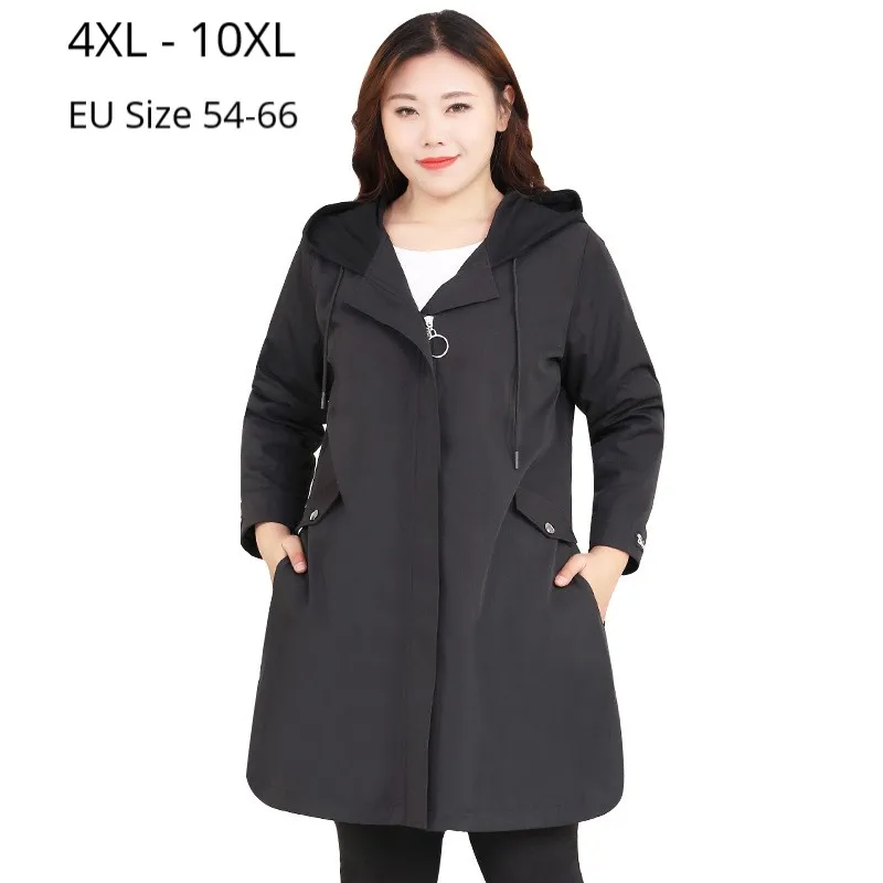 

Plus Size 10XL 8XL 6XL Women Long Sleeves Trench Coat 2020 New Style Hoodies Black Outerwear Spring Autumn OL Work Wearing Tops