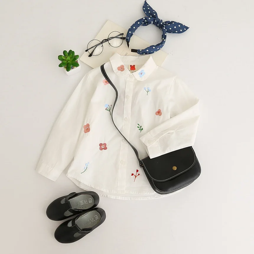 Детская одежда хлопковая рубашка с длинными рукавами и вышитыми цветами для