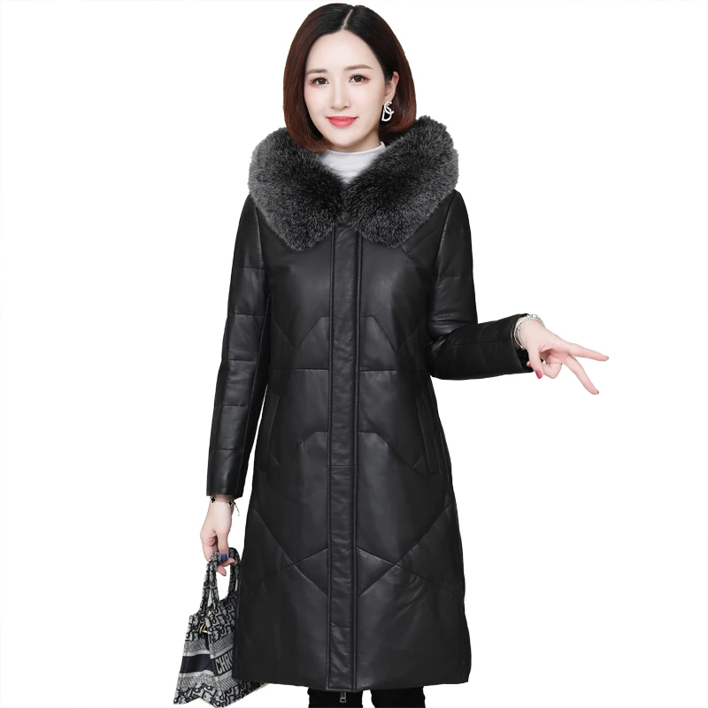 

fur coat 2020 winter new Fox Fur Collar leather down jacket women's medium and long slim fitting hood