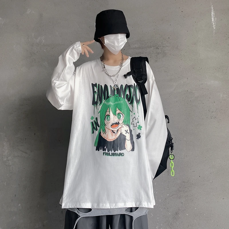 

Personality Cotton Loose Anime High Quality Tshirt Hight Street Neutral Style O-Neck Clothes All-Match Comfortable Streetwear