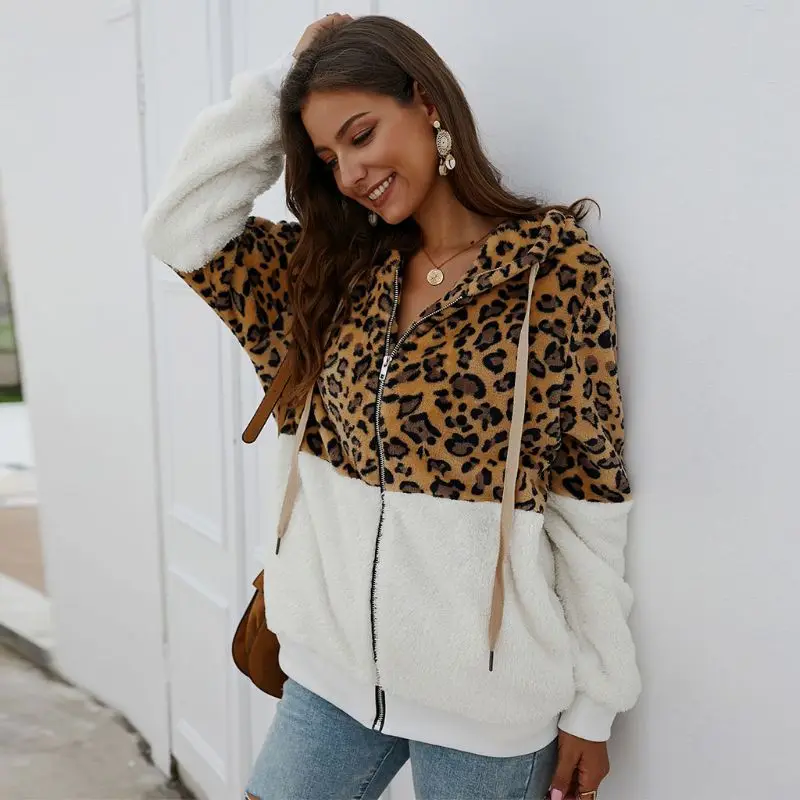 Women Autumn Winter Leopard Fleece Faux Fur Hooded Coat Zipper Jacket Overcoat | Женская одежда