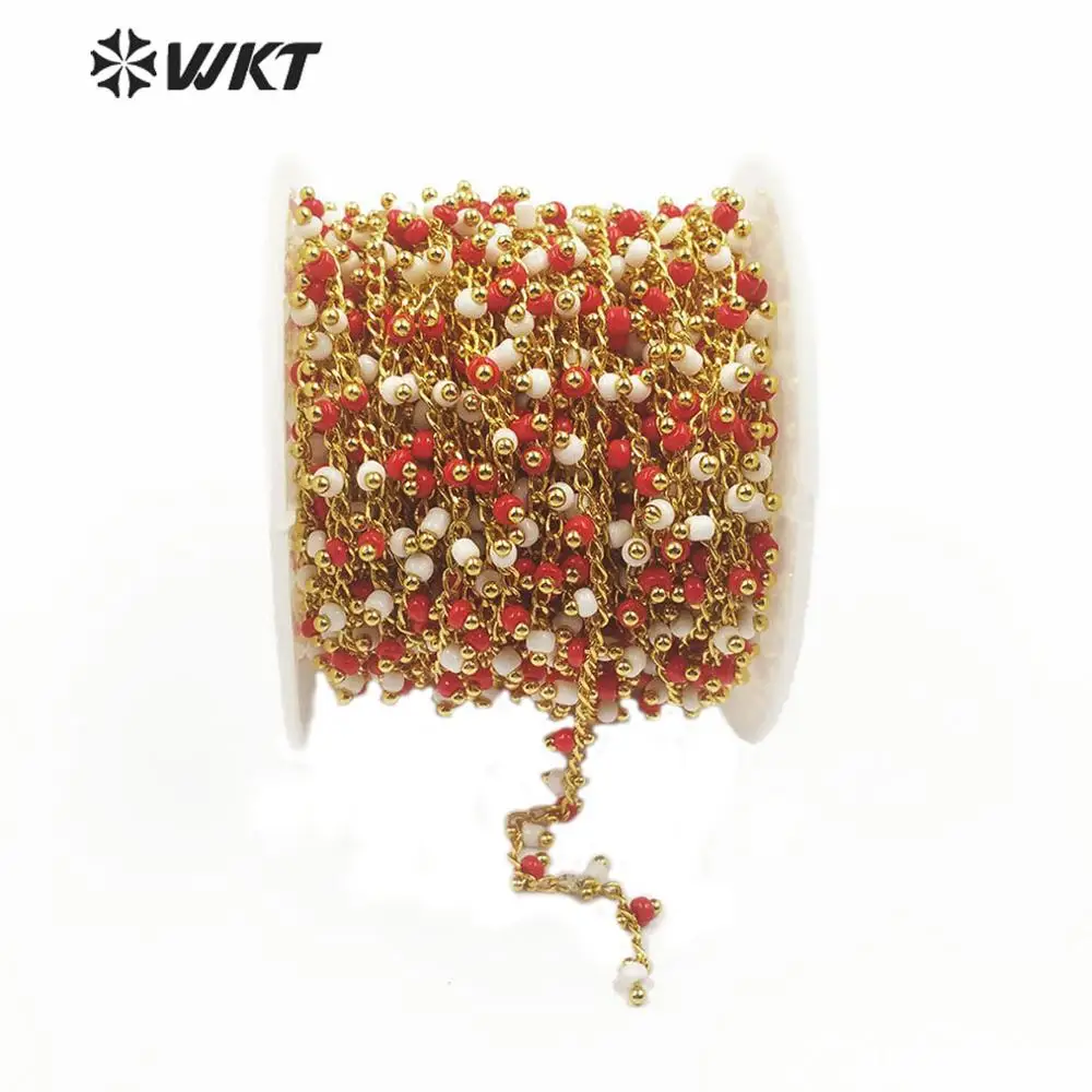 

WT-RBC126 Natural Stone Chain White&Red Stone Beads With Gold Electroplated Chain 3MM Beads Chain 10meters For Jewel Making