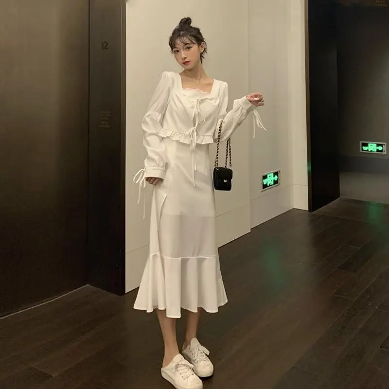 

White Fake Two-Piece Dress Women's Autumn Winter Slit Midi Skirt Dresses for Women Vestido De Mujer