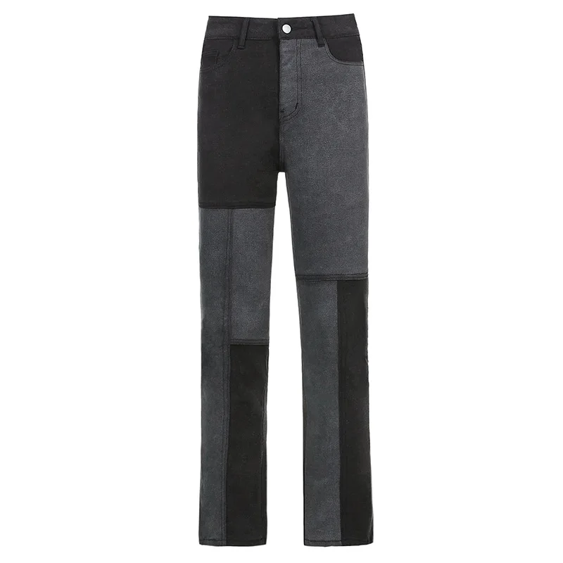 

Vintage Panelled Patchwork Straight Jeans Women Y2K Vintage High Waist Denim Cargo Pants 2020 Casual Streetwear Trousers Black