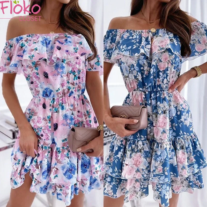 

Flokocloset Sexy Floral Print Off The Shoulder Ruffles Mini Dress Summer Elegant Slash Neck Party Beach Chiffon Sundress