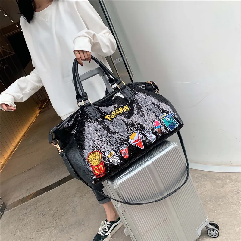 Большая женская сумка для багажа с блестками качественная кожаная на плечо