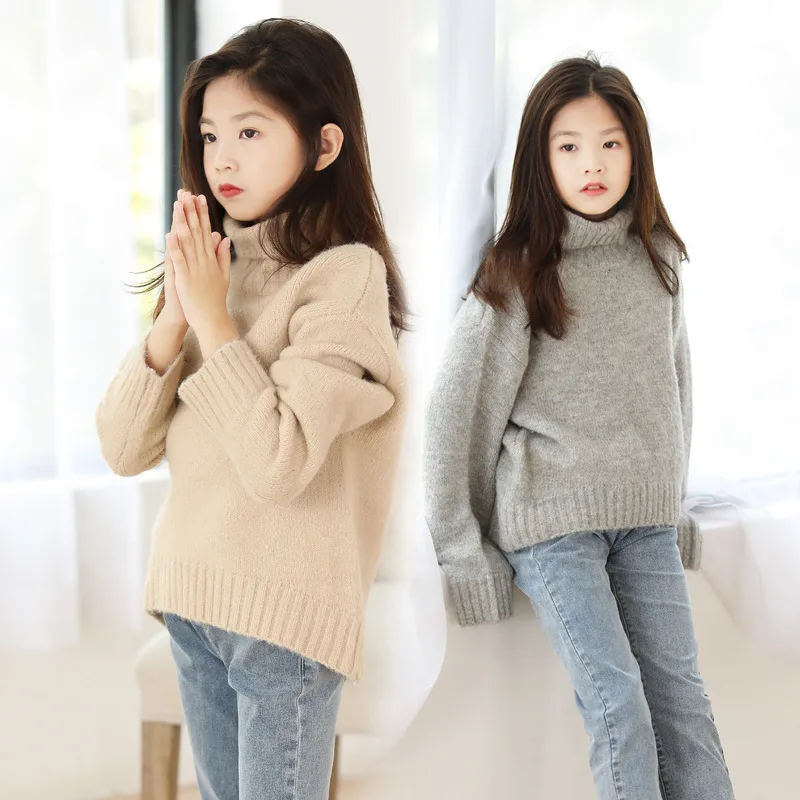 Серый хаки водолазка вязаные пуловеры одежда для девочек мода 2019 детские свитера