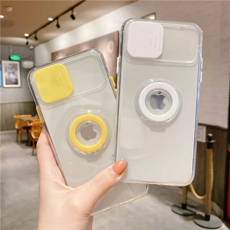 

Transparent Soft Cover Armor Ring Holder Lens Camera Protection Case for IPhone 12 Pro Max MiNi Colorful Sliding Doors