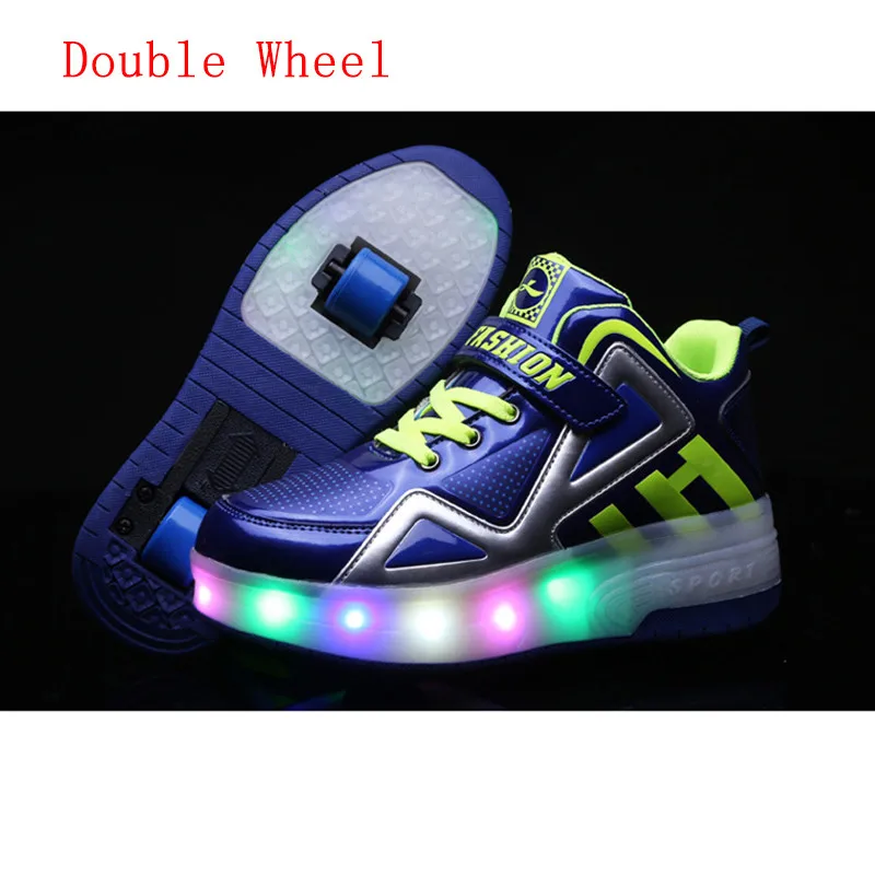 Two-Wheel Blue HYFMWZS/ г. Модные двухколесный светодиодный Heelys обувь дышащая детская обувь съемные детские тонкие Ролики 30-40 - Цвет: Two-Wheel Blue