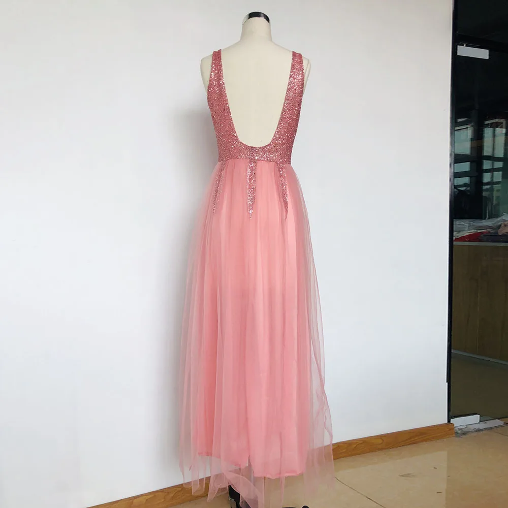 Женское блестящее бальное платье темно синего цвета розовое длинное вечернее