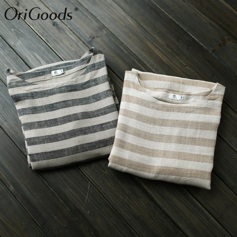 Женское длинное платье в полоску OriGoods хлопково-льняное стиле оверсайз