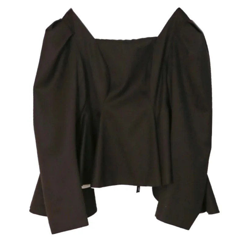 

DEAT New Autumn And Fashion Casual Round Neck Puff Sleeve Backless Ruffles Lace Up High Waist Top Coat Women SG129