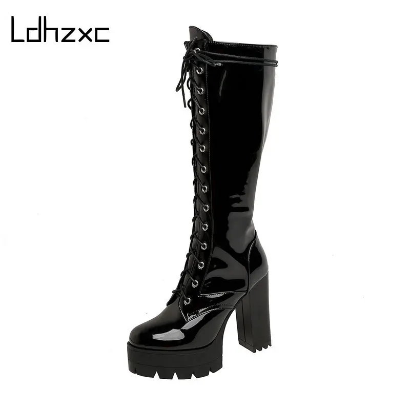 

LDHZXC Size 34-46 Women Knee High Heel Boots Lady Riding Botas Warm Winter Shoes Women Sexy Round Toe Platform Footwear