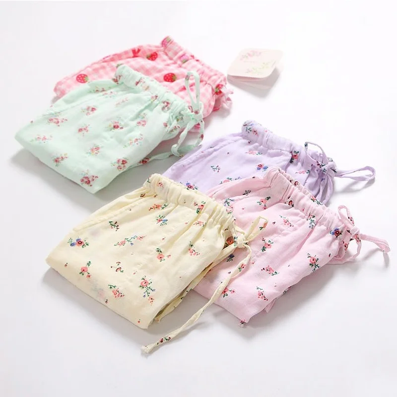 

QWEEK Summer Pants for Women Floral Print Bottoms Sleepwear Pajama Shorts Cotton Kawaii Cute Lounge Wear Sleep Bottoms Home Wear