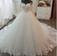 gorgeous ballgown scoop neckline wedding dress sweep train african women long sleeves lace appliques bridal gowns