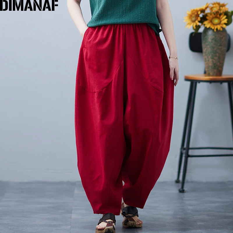 

DIMANAF 2021 Summer Oversize Women Long Pants Trousers Loose Oversized Casual Harem Pants Female Elastic Waist Pocket Cotton