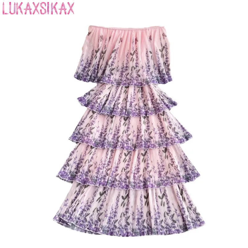 

New Summer Women Sexy Off Shoulder Slash Neck Short Sleeve Belt Slim Long Dress Sweet Floral Cake Hem Pleated Chiffon Dress