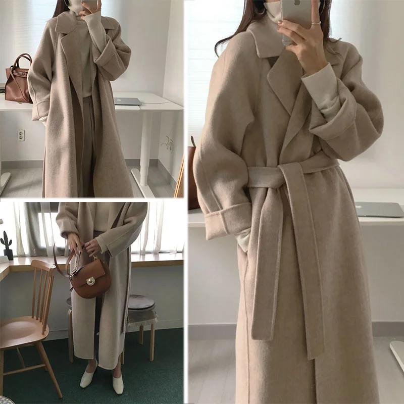 

French Lazy Style Warm Female Fresh Winter 2020 Classical Belt Retro Loose Women Woolen Coats Chic Casual Long Coat