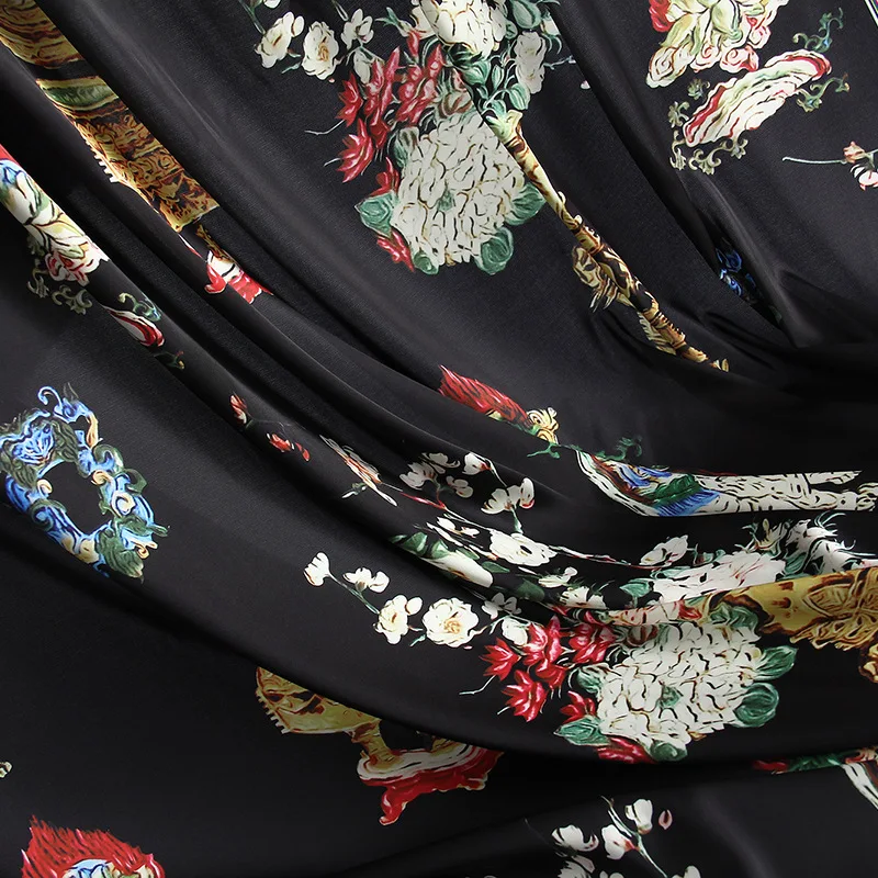 145 * 100cm Spring and Summer New Chiffon Satin Fabric Vintage Vase Hand-Painted Pattern Shirt Clothing Printing 3 Colors | Дом и сад