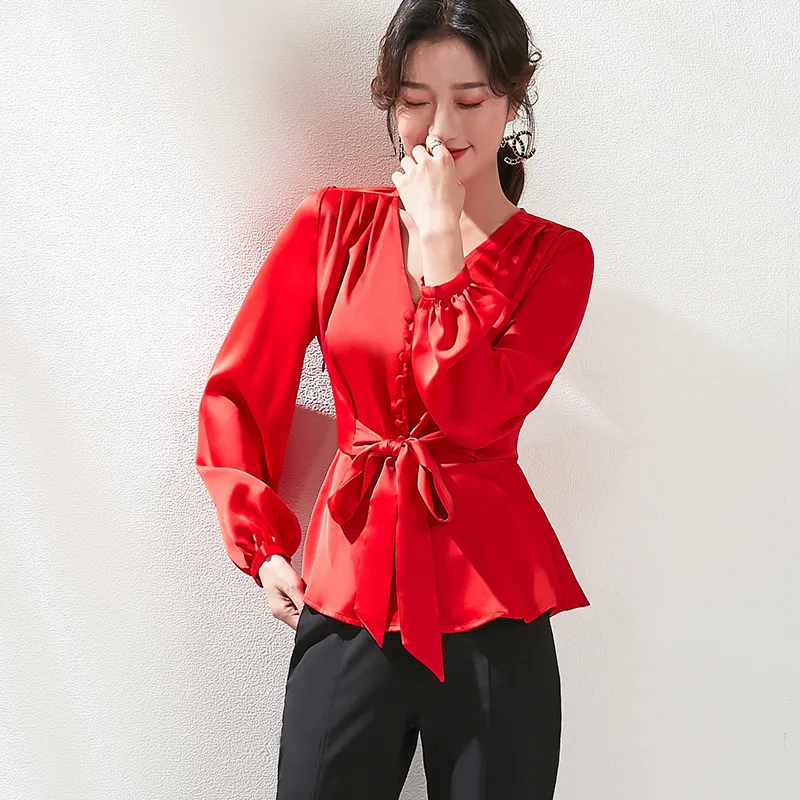 

2021 Spring Women Casual beltFashion Long Sleeves Office Blouse Vintage Femme V Neck Office Shirts Elegant Imitation Silk Blouse