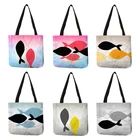 Модная Сумка-тоут с принтом рыбы в скандинавском стиле, льняные многоразовые сумки для покупок с принтом, дорожные пляжные сумки, Портативная сумка