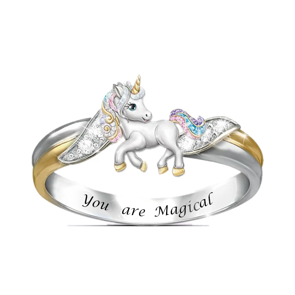 

Fashion popular creative cute girl women's party prom jewelry Valentine's Day gift colorful unicorn ring wholesale