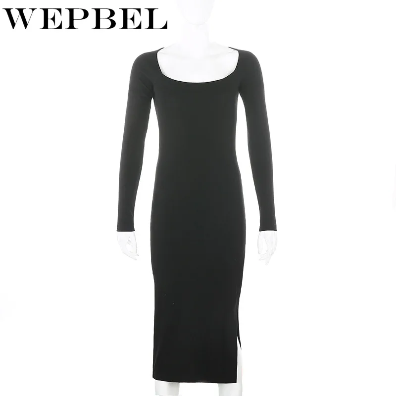 

Mandylandy Women Sexy Elegant Autumn Dress Casual Lady Long Sleeve Square Collar Split Long Dress