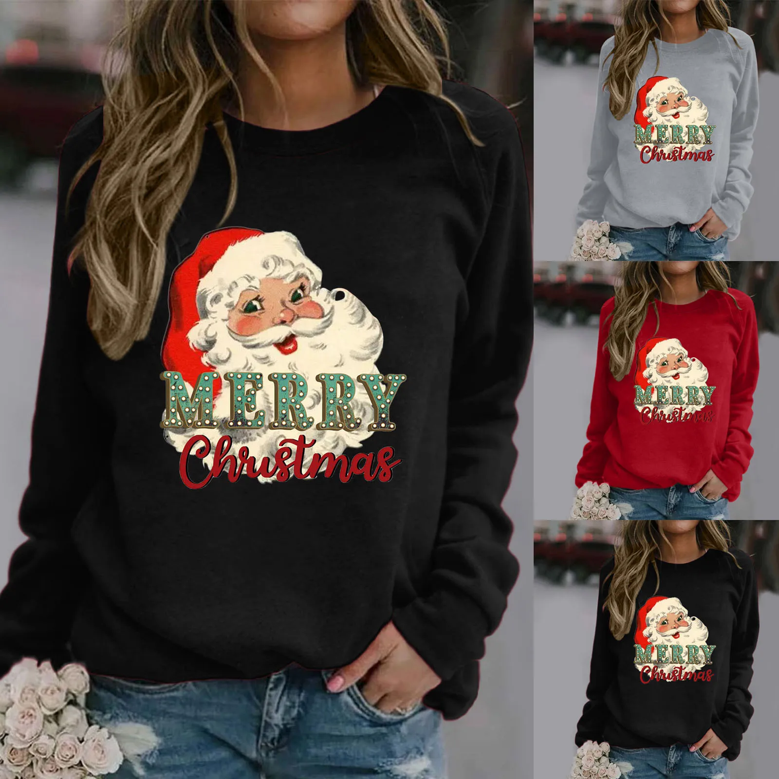 

Women's Merry Christmas Print Tops Blouse Long-sleeved O Neck Sweatshirt Casual Blouse Shirt Warm Top Pullover