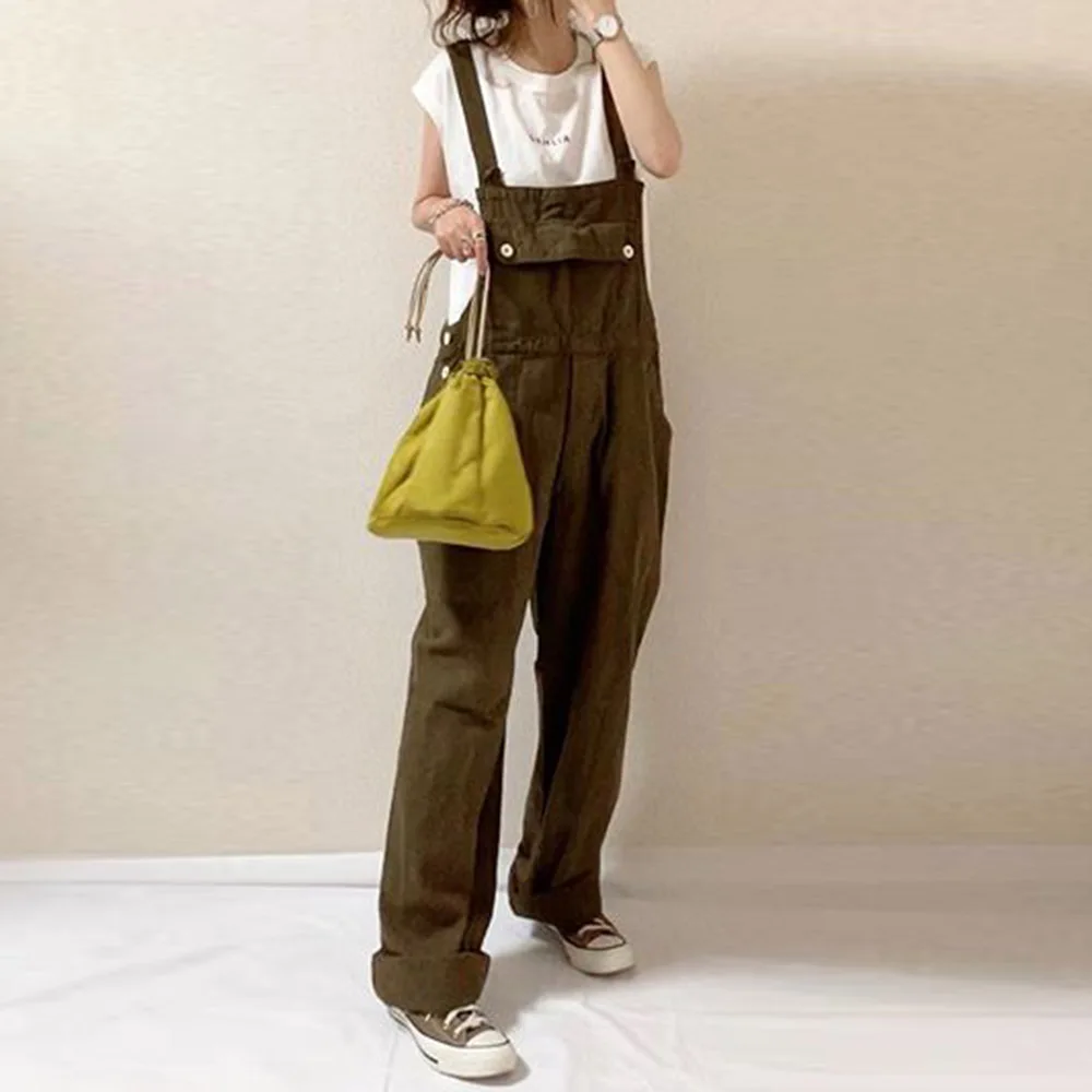 

Женский спортивный комбинезон на пуговицах, повседневный длинный спортивный комбинезон с карманами и широкими штанинами, модель 2021 в Корей...