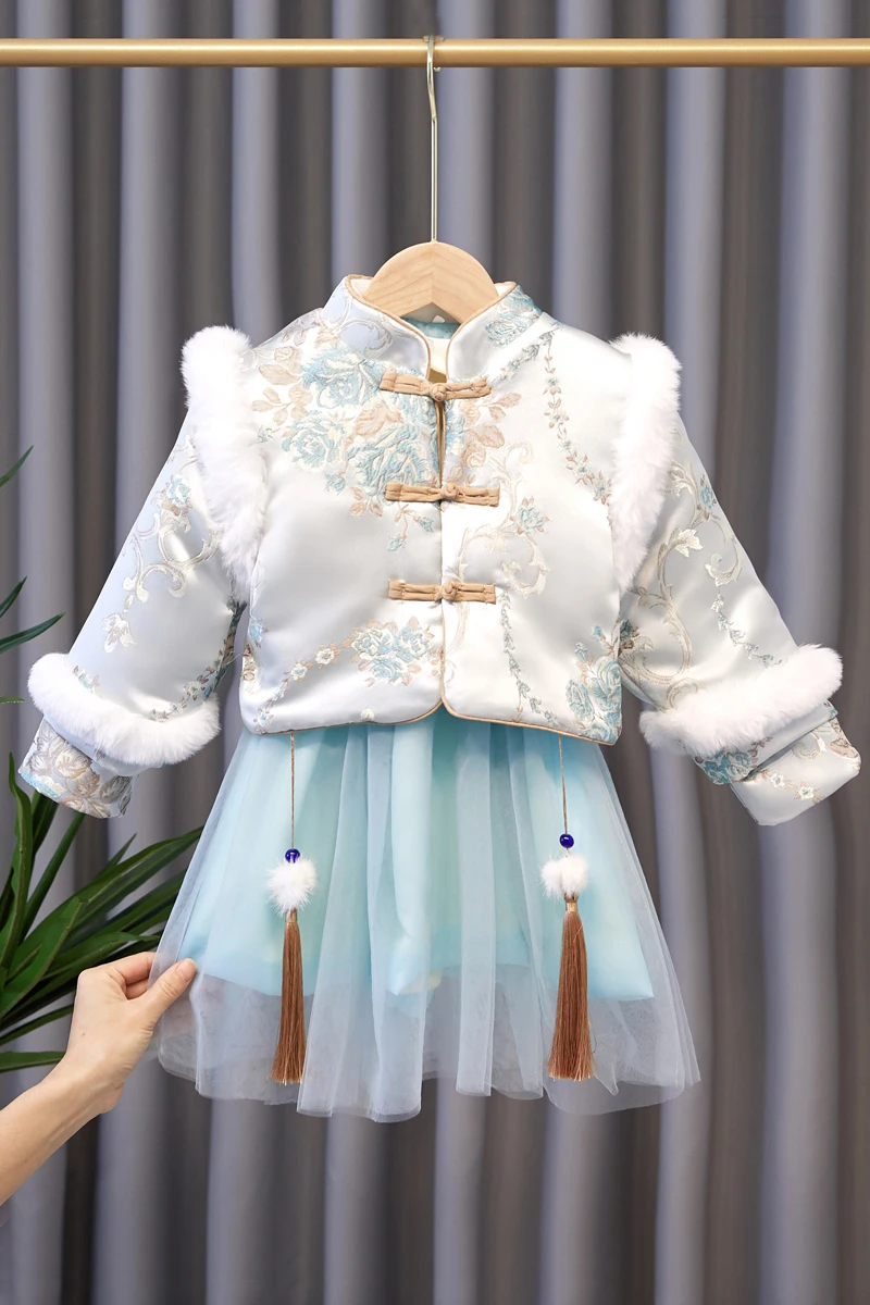 

Traditional Chinese Jacket Dress Costumes Hanfu For Girls Ancient Retro Tang New Year Suit Winter Cheongsam Kimono Toddler Cloth