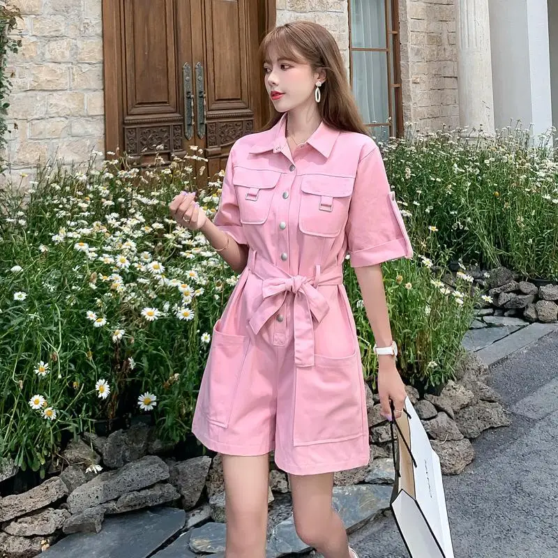 

ICHOIX Casual Playsuit Woman Short Sleeve Belt Tunic Pink White Solid Summer Elegant Short Jumpsuit 2020 Overalls For Women