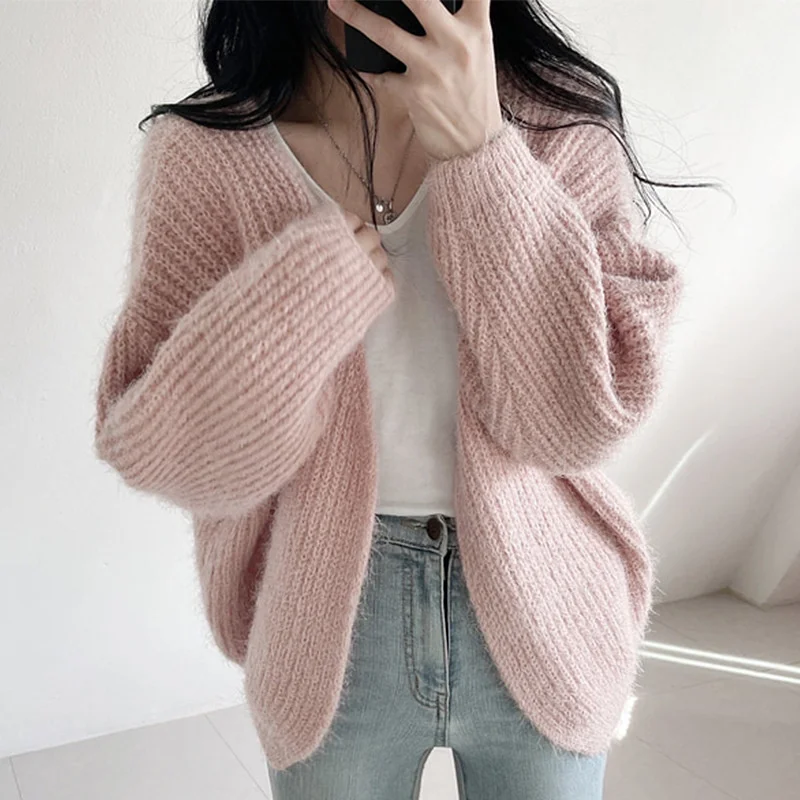 

Korean Chic Autumn Winter Simple Lazy Style V-neck Versatile Loose Leisure Long Sleeve Knitted Cardigan Sweater Coat Women