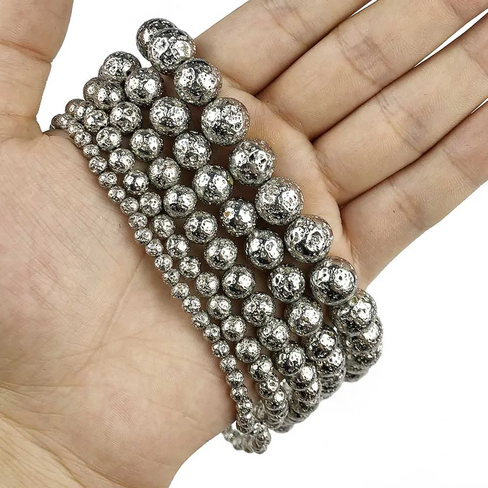 White k Gold JHNBY серебряный, черный, серьги из розового золота с натуральным вулканического камня Hematit 4/6/8/10/12 мм круглые бусины для изготовления ювелирных изделий браслет и ожерелье ювелирных изделий DIY - Цвет: White k Gold