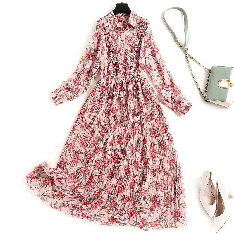 

Spring Women's High End Korean 2021 New Turn-Down Collar Long Sleeves Plus Size Elgant Stitching Ruffles Pleated Chiffon Dress