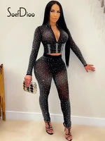 soefdioo mesh patchwork see through rhinestone studded crop top legging two piece set autumn 2021 sexy party nightclub outfits