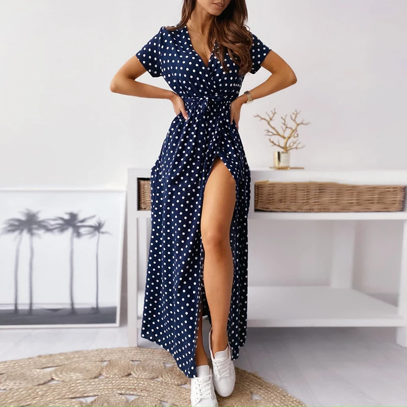 

Women Sexy V Neck Short Sleeve Beach Boho Dress Party Dress Printed Short Sleeve 2021 Summer Casual Dot Print Long Dress