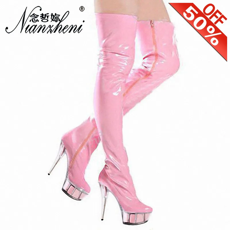 

Sexy Red Riband Crystal Knee high boots 15cm High heels 6 inches Thin heels Party Cross dressing Super Big Size Long Boots Stage