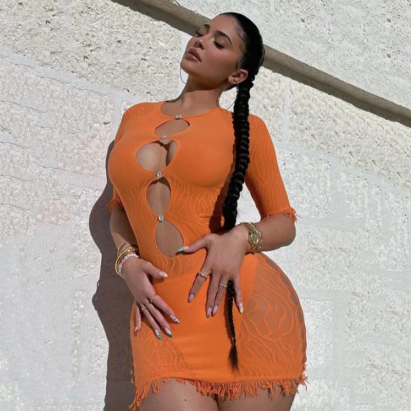 

Night Club Purple White Tassel Lace Dresses Bandage Pink Summer Bodycon Mesh Dress Women 2021 Party Orange Sexy Mini Dress
