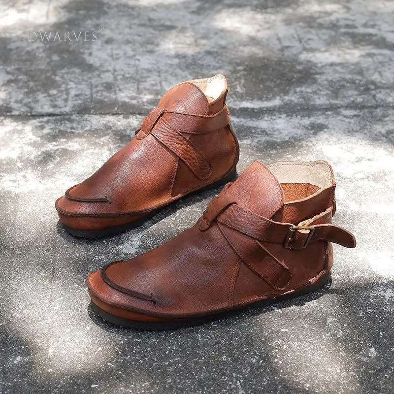 

Retro Genuine Leather Soft Flat Boots For Women Round Toe Buckle Mori Girl Style Wide Fit Brown/Black/Khaki